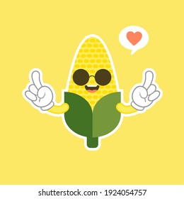 Very adorable corn character. Cute funny corn in cartoon kawai style. Vector isolate on color background
