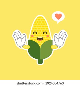 Very adorable corn character. Cute funny corn in cartoon kawai style. Vector isolate on color background