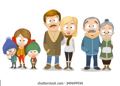 Very adorable family set. Cartoon characters in casual winter clothes.