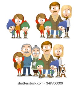 Very adorable family set. Cartoon characters in casual winter clothes.