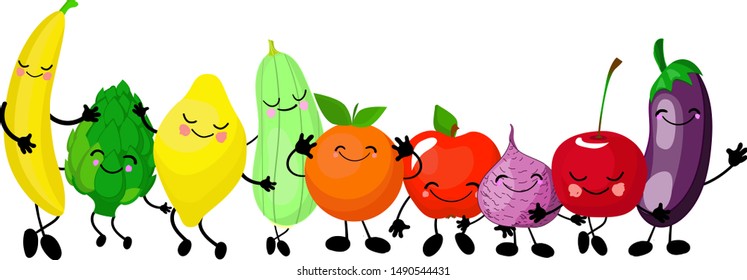 Very adorable fruits and vegetables. Big collection. characters gesturing and waving their hands. Smiling fruits isolated on the white background. Different fruits mixed together
