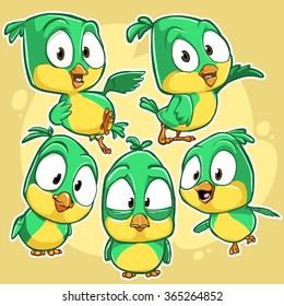 Very adorable set of cartoon green canary bird character with different poses and emotions isolated on background