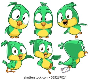 Very adorable set of cartoon green canary bird character with different poses and emotions isolated on background