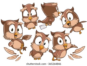 Very adorable set of cartoon owl bird character with different poses and emotions isolated on background