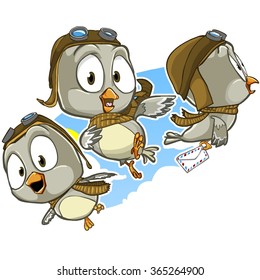 Very adorable set of cartoon pilot bird character in uniform with different poses and emotions 