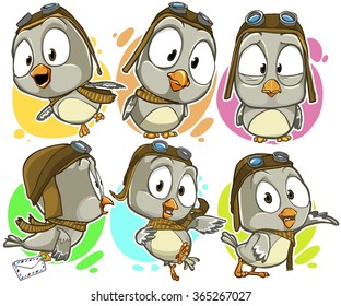 Very adorable set of cartoon pilot bird character in uniform with different poses and emotions isolated on background