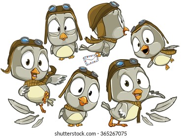 Very adorable set of cartoon pilot bird character in uniform with different poses and emotions isolated on white background