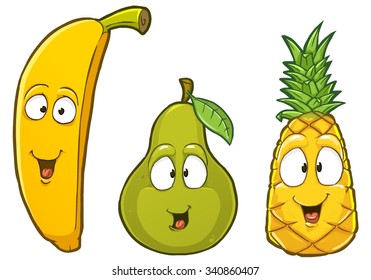 Very adorable smiling banana pear and pineapple cartoon characters with different emotions and poses isolated on white background