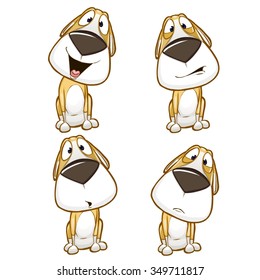 Very adorable vector cartoon dog puppy character set with different poses and emotions in collection. Isolated on white background