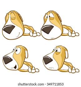 Very adorable vector cartoon dog puppy character set with different poses and emotions in collection. Isolated on white background