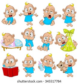 Very adorable white skin baby boy character set with different poses and emotions isolated on white background