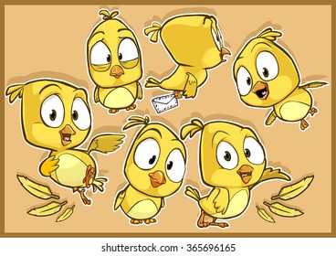 Very adorable yellow canary bird cartoon character set with different poses and emotions isolated on the background