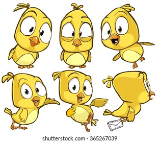 Very adorable yellow cartoon bird character set with different poses and emotions isolated on white background