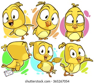 Very adorable yellow cartoon bird character set with different poses and emotions isolated on white background