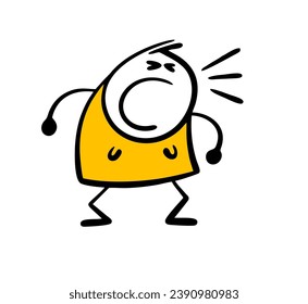 Very aggressive cartoon woman in dress clenched fists, opened mouth and screamed loudly. Vector illustration of  female stickman in  rage. Isolated character on white background.