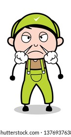 Very Aggressive Expression - Retro Repairman Cartoon Worker Vector Illustration