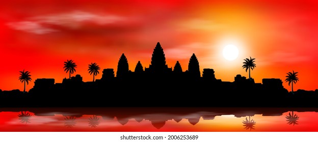 The very ancient city of Angkor Wat at sunset. Buddhist temple complex. Historical landmark. Cambodia.