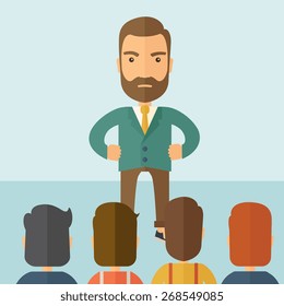 A very angry boss standing having a meeting to his employees facing him inside the office. Deadline and work Relationships business concept. A Contemporary style with pastel palette, soft blue tinted