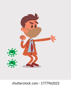 Very angry businessman with mask and virus COVID pointing at something