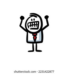 Very angry businessman in office suite grinning and shaking his fists in anger. Vector illustration of shouting boss.