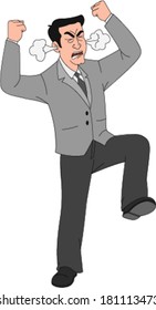Very angry businessman stomping feet with smoke coming out of his ears