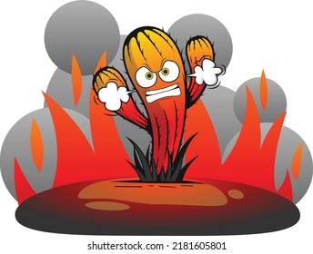 very angry Cactus man standing alone in desert with flames