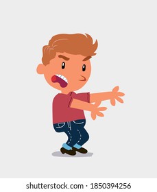 Very angry cartoon character of  little boy on jeans pointing at something at side