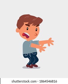 Very angry cartoon character of  little boy on jeans pointing at something at side