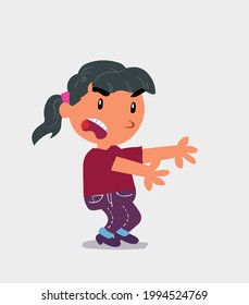 Very angry cartoon character of  little girl on jeans pointing at something at side