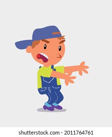 Very angry cartoon character of  little boy on jeans pointing at something at side