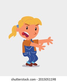 Very angry cartoon character of  little girl on jeans pointing at something at side