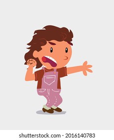 Very angry cartoon character of  little girl on jeans pointing at something