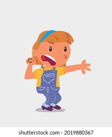 Very angry cartoon character of  little girl on jeans pointing at something