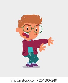 Very angry cartoon character of  little boy on jeans pointing at something at side