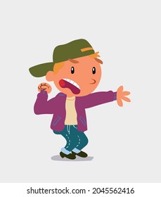 Very angry cartoon character of  little boy on jeans pointing at something