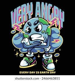 Very Angry Earth Cartoon with Retro Style Illustration