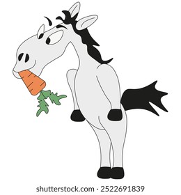 Very angry horse isolated white background. Groovy style horse with carrot design. Vector illustration can used t-shirt print childrens room wall clothes decor. EPS 10 Editable stroke.