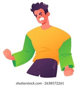 Very angry person, angry young man screaming with clenched teeth with a distorted angry face clenching his fists. Topic of emotional breakdown, burnout at work, uncontrolled anger, stress effects.