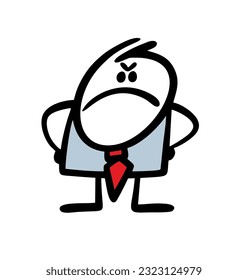 Very angry stickman businessman in business suit frowned and looked sternly. Vector illustration of boss dissatisfied with subordinate at work. Hand drawn stick figure character isolated.