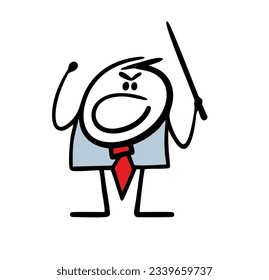 Very angry, strict, aggressive teacher yells at students and waves a pointer in his hand. Vector illustration of a nervous guy in a business suit. Cute funny stick figure man in hand drawn doodle.