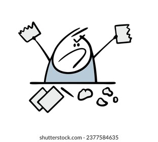 Very angry writer, student sits at a table and tears up paper. Vector illustration of stickman dissatisfied with his work, doing homework, writing a letter. Isolated funny person on white background.