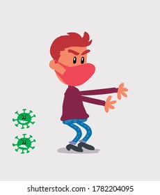 Very angry  young man dressed casually with mask and virus COVID pointing at something