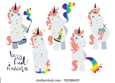 Very bad unicorn. Hand drawn vector set. All objects are isolated