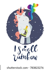 Very bad unicorn. "I smell rainbow". Hand drawn vector illustration