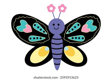 Very beautiful black butterfly with multicolored ornaments on its wings is smiling. Turquoise, pink, blue, yellow colors. One icon. isolated on  white background. Cartoon style. Wildlife.
