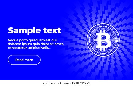 Ein sehr schönes blaues Banner-Muster mit Text, Button, Münze digital virtuelle Währung Bitcoin vor dem Hintergrund des geometrischen Musters. Vektor eps10
