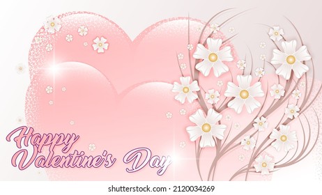 Very beautiful cute card for Valentine's Day in delicate white coral colors. Curved branches, flowers of different sizes, silhouettes of hearts, a congratulatory inscription. Vector. 
