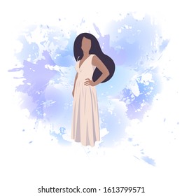 Very beautiful, elegant woman in a long white dress on a blue background. Vector. Flat cartoon style. The personification of beauty, harmony and inner strength in a female image