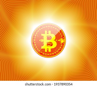 Very beautiful gold coin of digital currency bitcoin in the rays of light and with reflection on the surface on a bright orange abstract geometric background of smooth lines vector eps 10