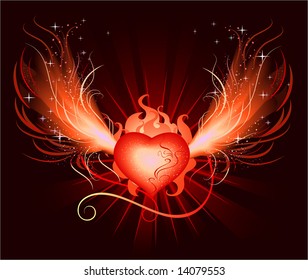 very beautiful hot,fiery, luminous heart of the phoenix with burning wing with frames and sparks on black background